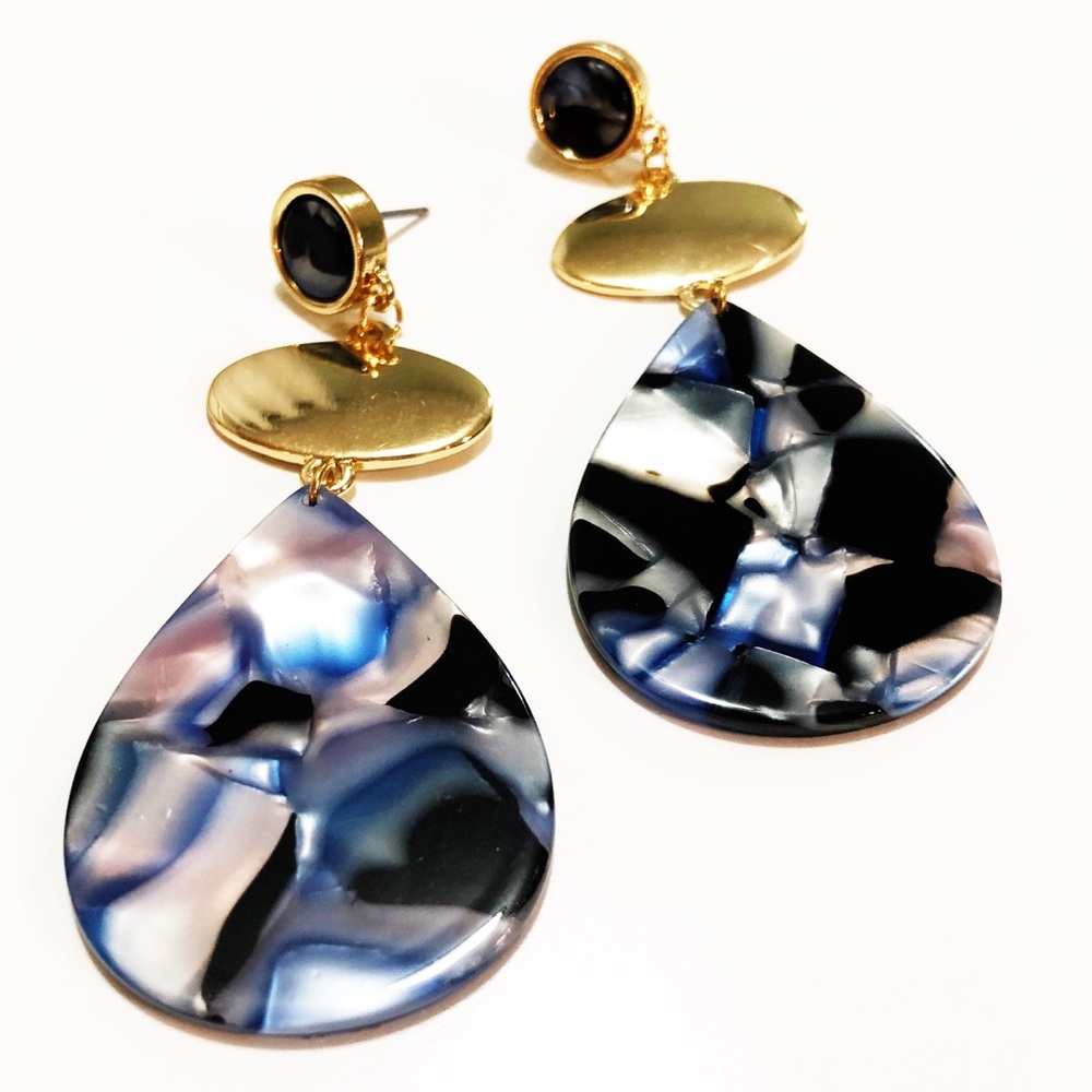 Blue and White Geometric Acrylic Dangle Earrings